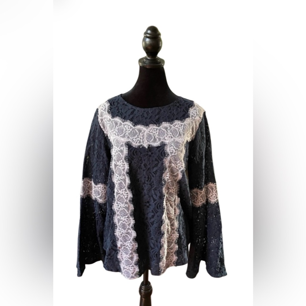 LOFT: Navy Blue And White Lace Bell Sleeve Blouse